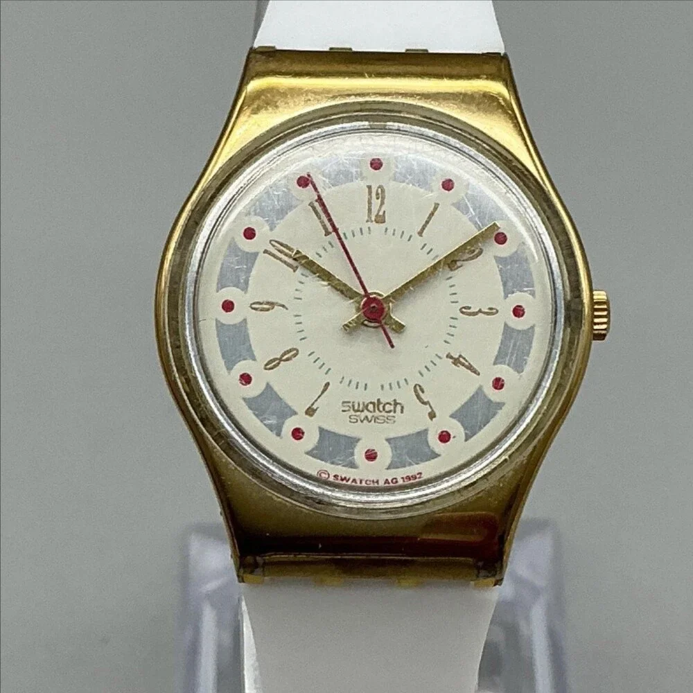 Vintage Swatch Womens Watch 25mm Cream Dial Gold Tone White Band Swiss Quartz
